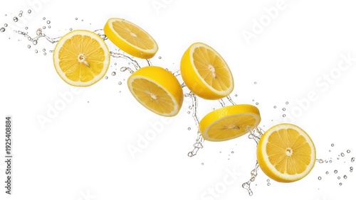 Fresh lemon slices falling with a refreshing clear water splash isolated on transparent background