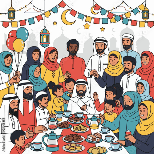 Muslim family gathering for iftar meal.