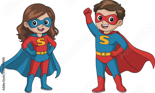 Cheerful Superhero Duo Vector Illustration  Man and Woman in Red & Blue