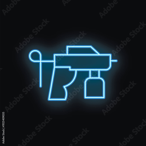 Blue neon sign illustrating a spray gun for body painting glowing on a black background
