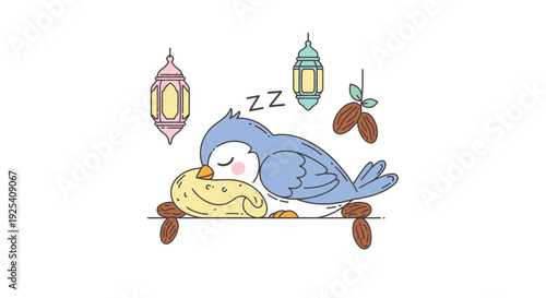 Sleeping blue bird on branch with nuts and lanterns