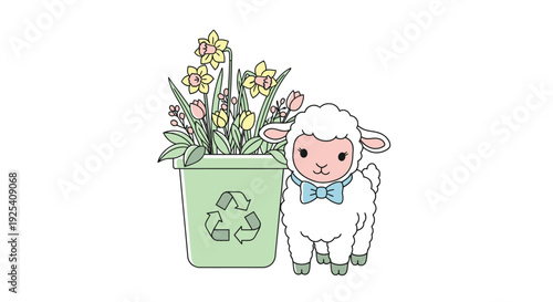 Lamb Next to Plant Pot with Recycle Symbol and Flowers