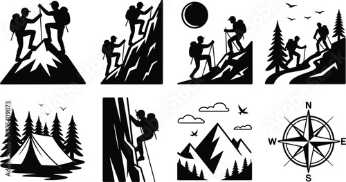 Silhouette vector collection of mountain hikers, rock climbers, forest camping tent, and navigation compass for outdoor adventure graphic design projects.