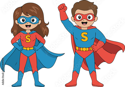 Cheerful Superhero Duo Vector Illustration  Man and Woman in Red & Blue