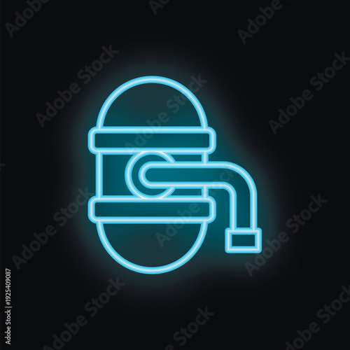 Blue neon sign of a beer keg with tap glowing on a black background