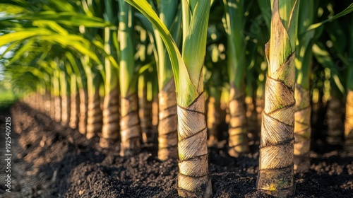 Rows of young sugarcane plants growing in rich soil