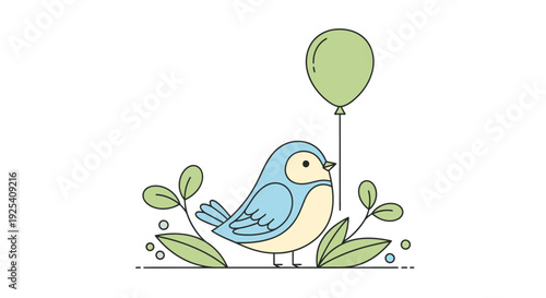 Blue bird with green balloon among leaves and dotted line