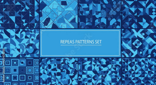 Collection of Various Blue Geometric Patterns.