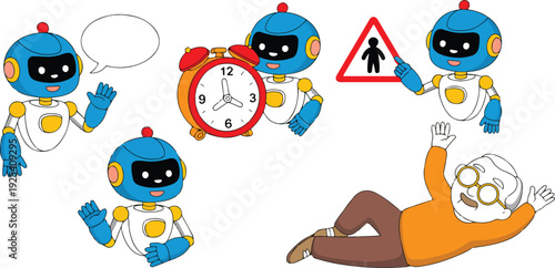 Friendly Robots Assisting Elderly Man Safety and Daily Care Concept

