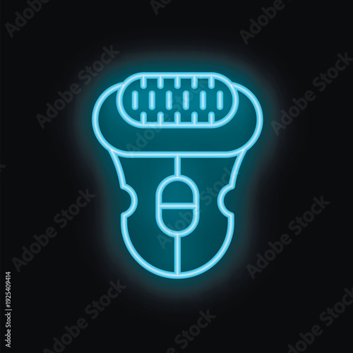 Blue neon icon of an electric epilator glowing on a black background