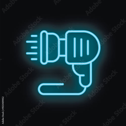 Blue neon hairdryer icon glowing in the dark, representing hairdressing and hairstyling