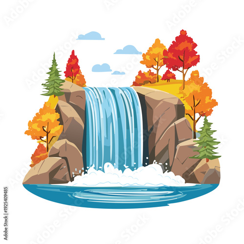 Cartoon waterfall scene with autumnal trees and foliage
