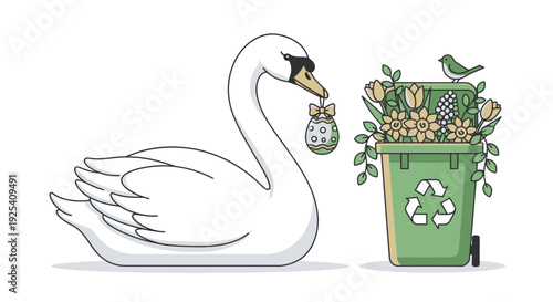 Swan beside a recycling bin with flowers and birds