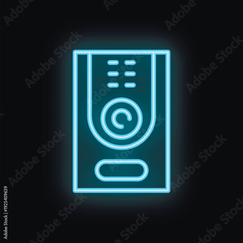Blue neon sign depicting a building intercom system glowing on a black background