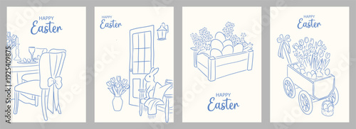 Set of greeting cards or poster for Happy Easter. Hand drawn line art bunny, egg crate, floral wagon and cozy home decor. Vector illustration