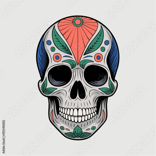 Vibrant Sugar Skull with Floral and Geometric Patterns.