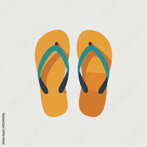 Pair of orange flip flops with blue straps on white background.