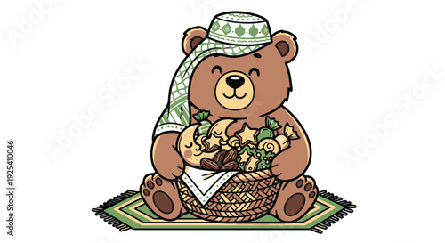 Cute bear with basket of cookies and snacks in traditional headscarf and hat on rug