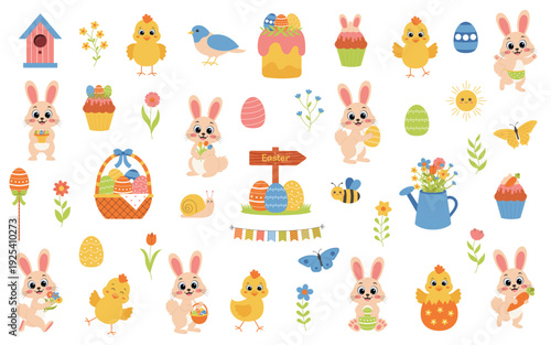 Cute Easter set. Cute animals characters of rabbit and chick. Spring and Easter collection of cute animals, eggs, flowers and seasonal elements.