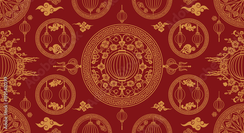 Traditional Chinese New Year seamless pattern design with lanterns and cloud motifs in red and gold