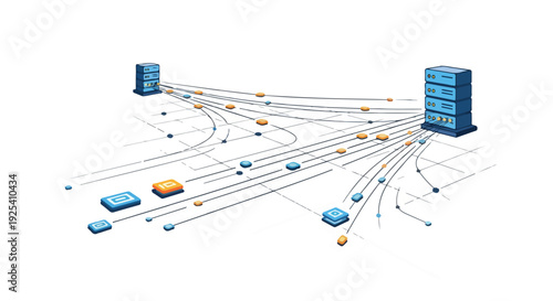 Complex digital network infrastructure showcasing data transfer between interconnected servers, devices, and global communication systems.