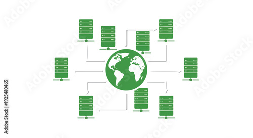 Global network data center infrastructure with interconnected server racks surrounding a green Earth symbol, representing cloud computing and worldwide connectivity.
