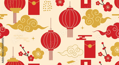 Vibrant traditional Asian seamless pattern, golden lanterns, auspicious clouds, intricate floral motifs on a rich red background, perfect for cultural celebrations