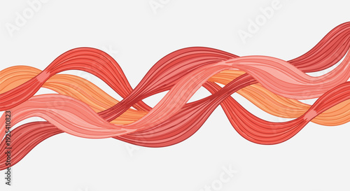 Fluid abstract design with intertwined flowing ribbons in warm shades of red, orange, and pink, creating a dynamic and modern visual texture against