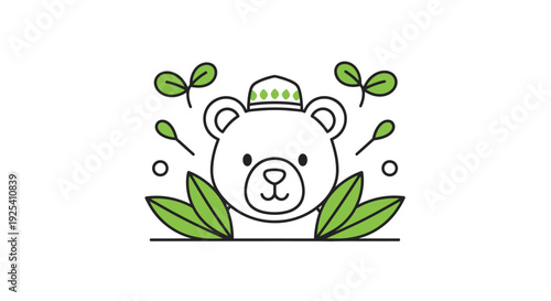 Cute Bear with Leaves and Hat in Garden