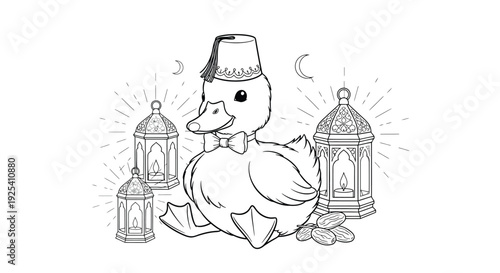 Duckling with fez and lanterns for Ramadan celebration
