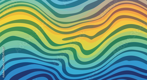 Dynamic abstract pattern with fluid undulating lines and a vibrant blue-green-yellow gradient. This design is versatile and modern.