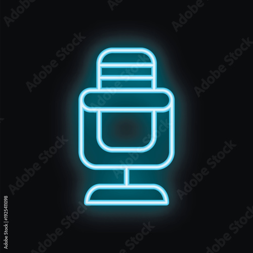 Blue neon sign is glowing in the dark, shaped like a podcast microphone