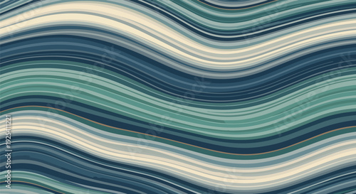 Fluid aquatic waves abstract art background with serene ocean tones seamlessly blending gentle blues, tranquil greens, and soft cream hues in a