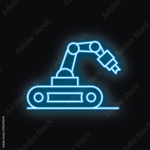 Blue neon icon of a robot working on an assembly line on a black background