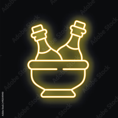 Yellow neon icon of two champagne bottles chilling in an ice bucket