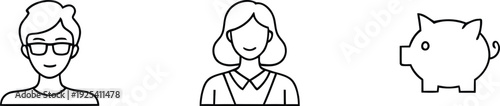 A simple line drawing of a man, woman, and piggy bank.