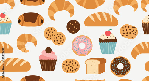 A delightful seamless pattern showcasing an appealing assortment of freshly baked goods a charming design for culinary backgrounds food packaging