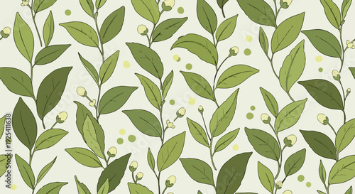 Vibrant organic botanical pattern showcasing fresh green foliage with delicate nascent buds and subtle speckled accents across a tranquil, light