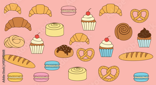 A delightful pattern of baked goods: croissants, macarons, cupcakes, pretzels, breads, all on a soft pink canvas.