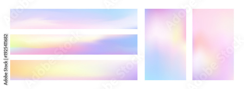 Pearl gradient backdrop with holographic nacre shine. Iridescent backgrounds set blends soft pastel pink, purple and blue tones in smooth ombre transition.Vector abstract bg