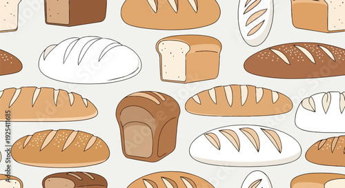 A delightful and artistic seamless pattern showcasing various freshly baked bread types including rustic loaves baguettes and wholesome sandwich