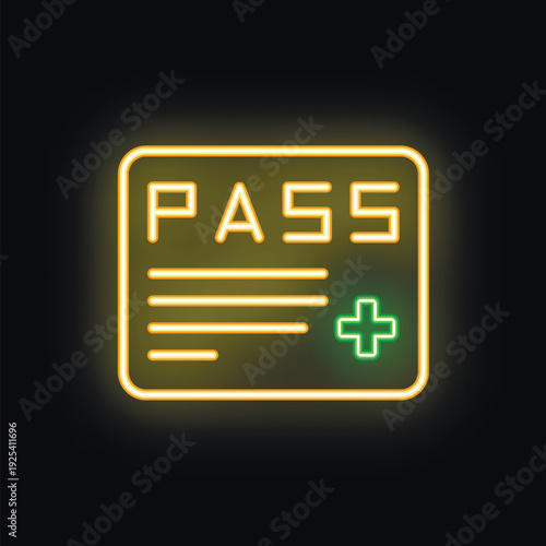 Neon yellow medical document with green cross glowing on black background