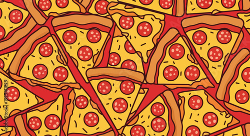 Vibrant cartoon pepperoni pizza slice pattern background design for delicious food concepts