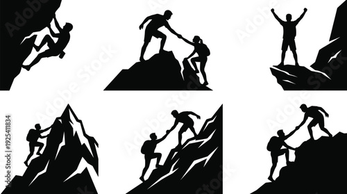 Collection of mountain climber silhouettes helping each other reach summit isolated on white background, symbolizing teamwork, leadership, success, achievement, partnership and overcoming challenges