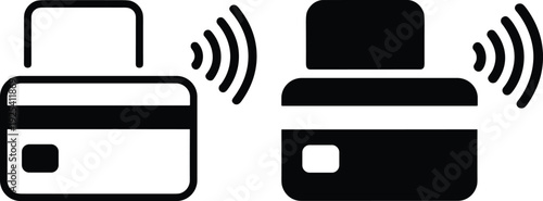 Black and white credit card icons with wireless NFC symbol for tap to pay contactless payment transactions