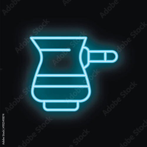 Blue neon sign representing a traditional turkish coffee pot, with its distinctive shape and long handle, glowing brightly against a dark background