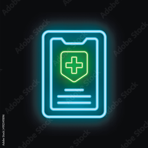 Glowing neon icon of a smartphone displaying a medical application, featuring a prominent cross symbol within a shield