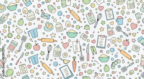 A charming lighthearted seamless pattern filled with an assortment of sweet hand-drawn baking ingredients and cute kitchen tools for cheerful