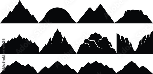 Collection of mountain range silhouettes isolated on white background, featuring various peak shapes and landscapes for nature, travel, adventure and outdoor design themes