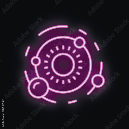 Foto Purple neon sign illustrating planets orbiting a star in a solar system on a bla